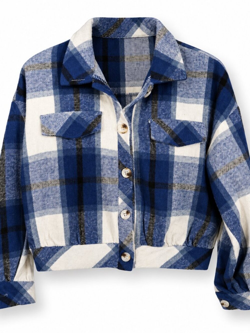 Blue Plaid Cropped Flannel Jacket Small Oversized Cottagecore Casual
